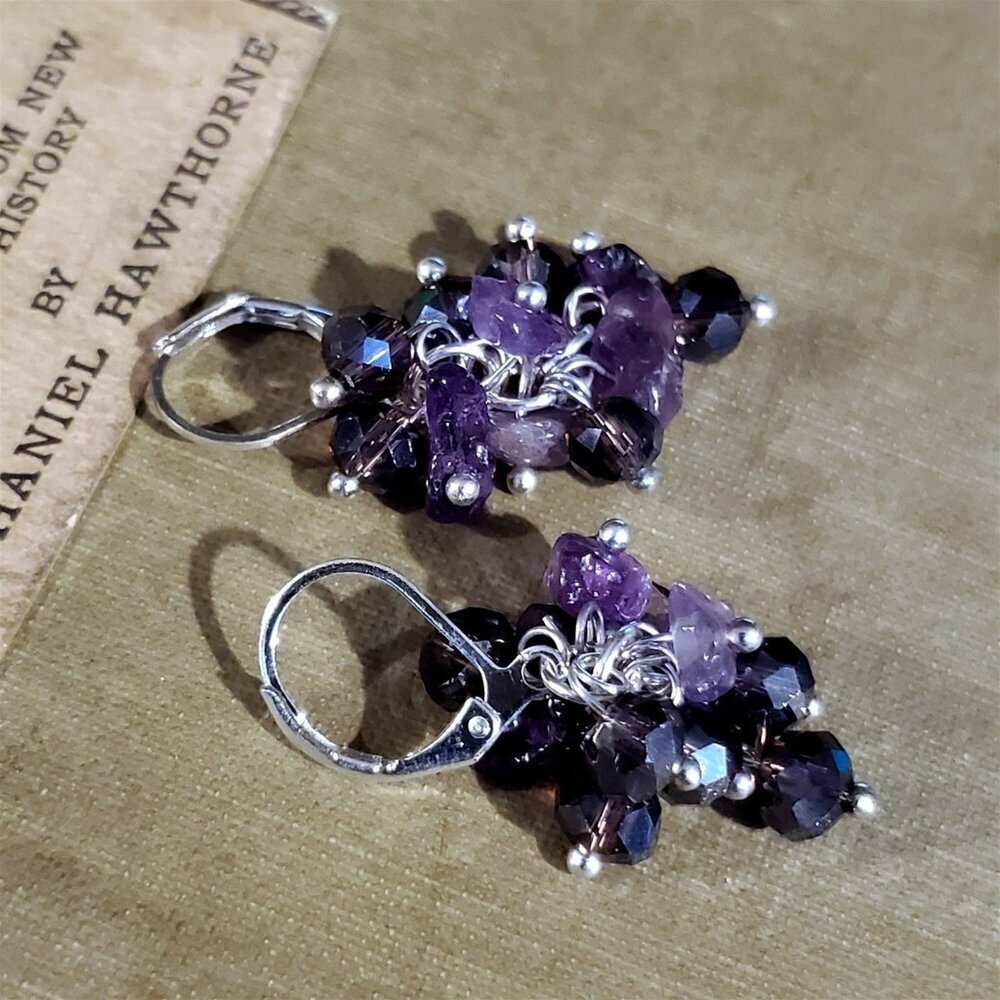 Handcrafted Natural Amethyst Gemstone Czech Crystal Beads Silver Plated Earrings